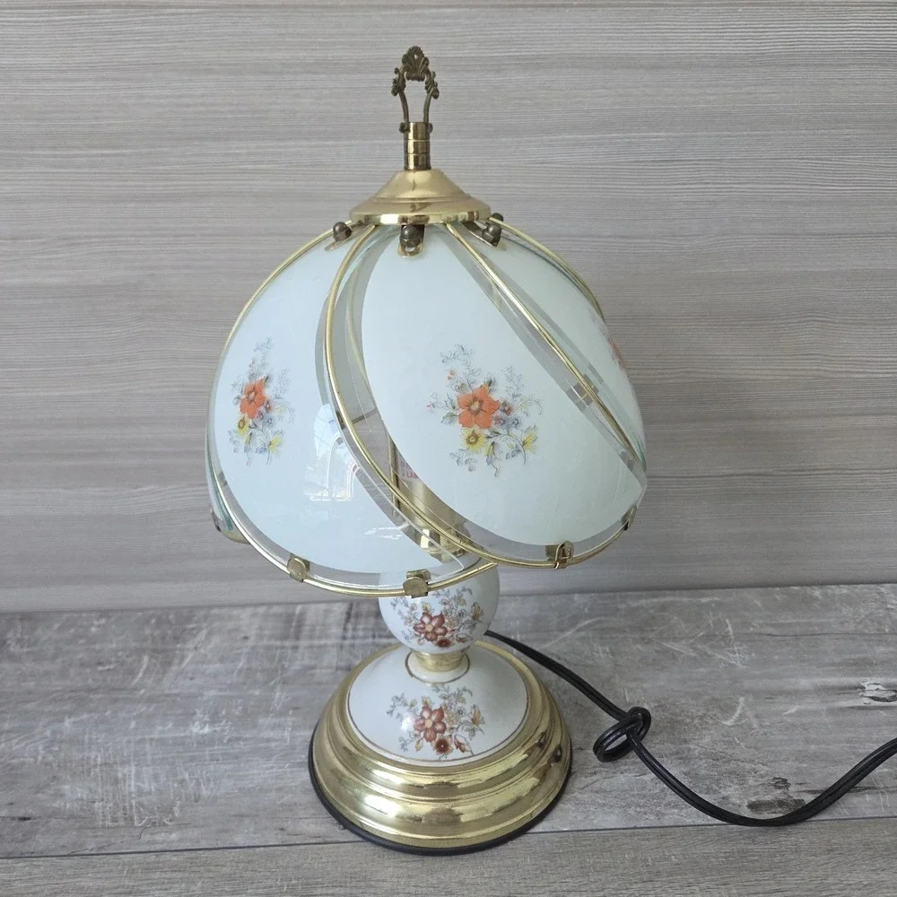 Vintage Golden Base and Floral Glass Paneled Shade 3 Way Touch Table Lamp 16